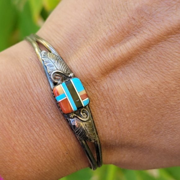Native American 925 sterling silver square inlay squash blossom vintage bracelet - Picture 4 of 15